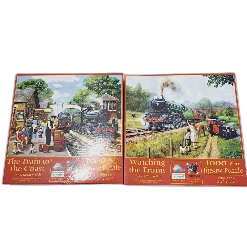 SunsOut Kevin Walsh Train Jigsaw Puzzle Set 1000 Piece Coast Watching Trains 2pk